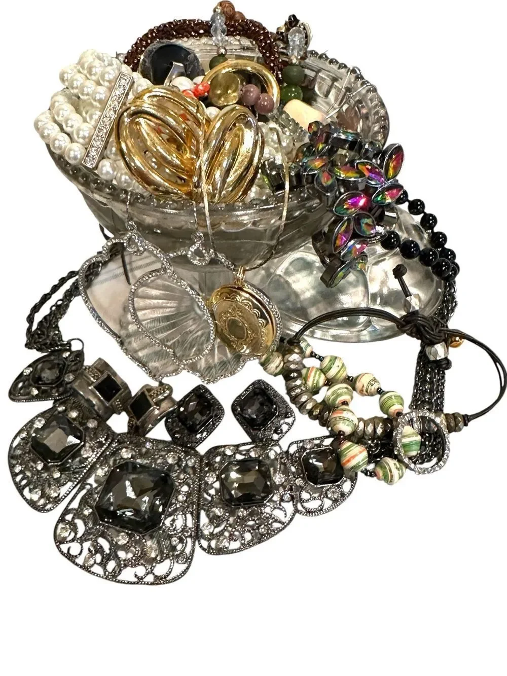 Estate Vintage to now Assorted mixed lot Jewelry Brooches mystery compote jar